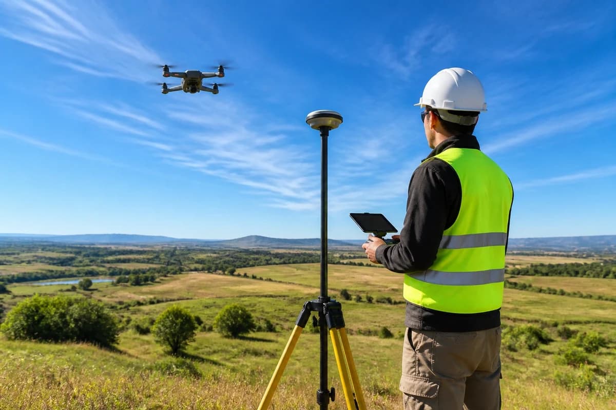 Geospatial professional with drone and tablet