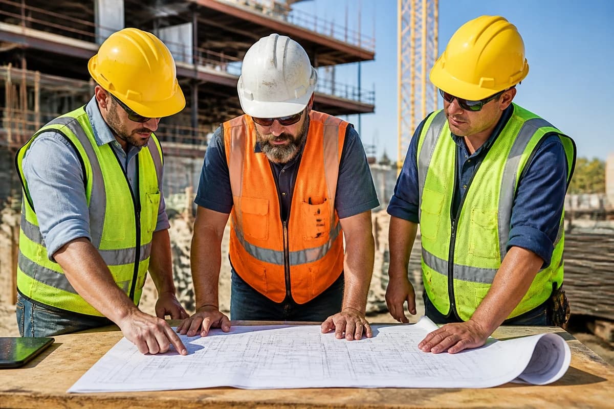 Specialty contractors reviewing plans on site